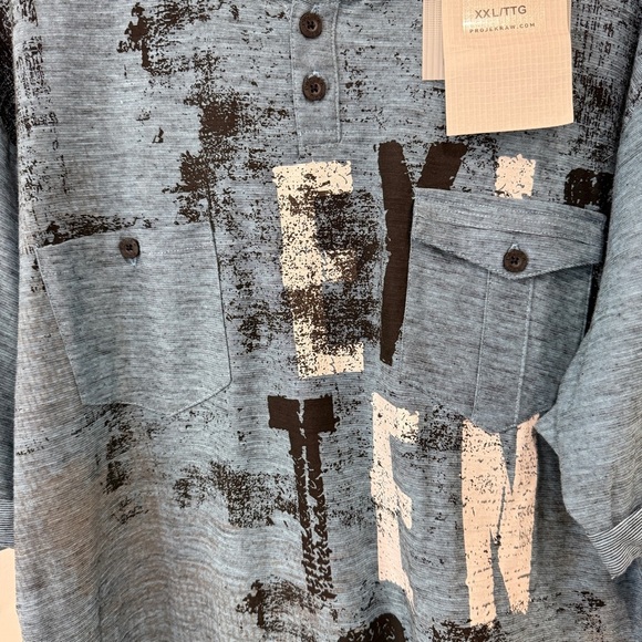Projek Raw Cotton Graphic Print Short Sleeve Henley Shirt Size XXL Sky Blue NWT - Picture 6 of 17